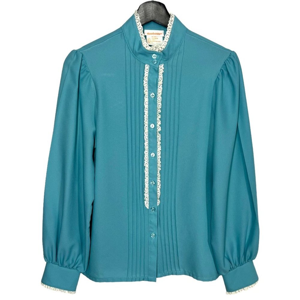 Vintage 60s Donnkenny Dusty Blue Long Puff Sleeve Button Up Top Large